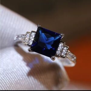 Swarovski Elements 925 Silver Princess Square Blue Sapphire Solitaire Ring NEW